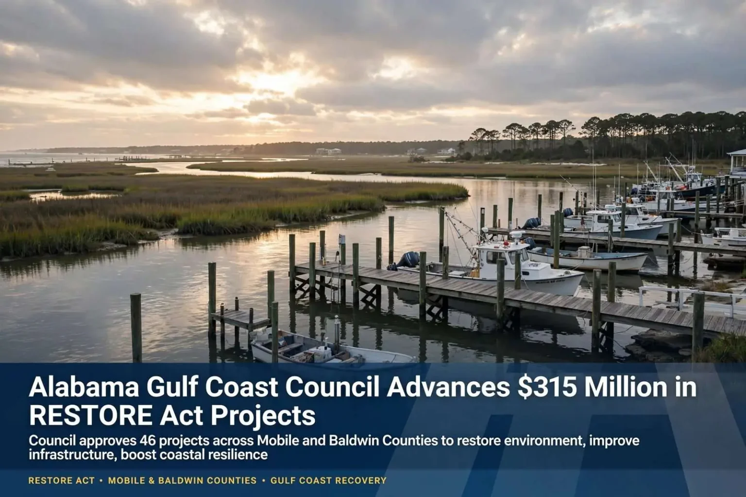 Illustration for the news story: Alabama Gulf Coast Council Advances $315 Million in RESTORE Act Projects Across Mobile and Baldwin Counties