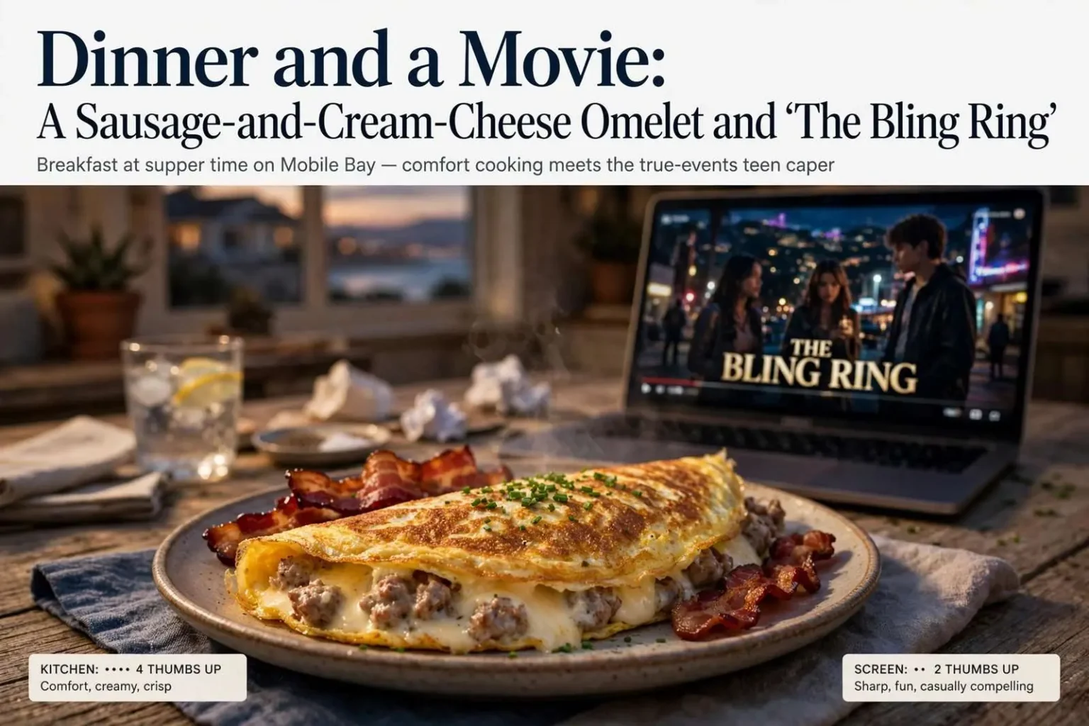 Illustration for the news story: Dinner and a Movie: A Sausage-and-Cream-Cheese Omelet and ‘The Bling Ring’