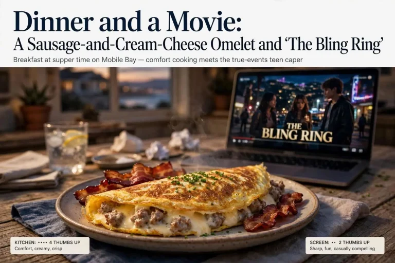 Illustration for the news story: Dinner and a Movie: A Sausage-and-Cream-Cheese Omelet and ‘The Bling Ring’