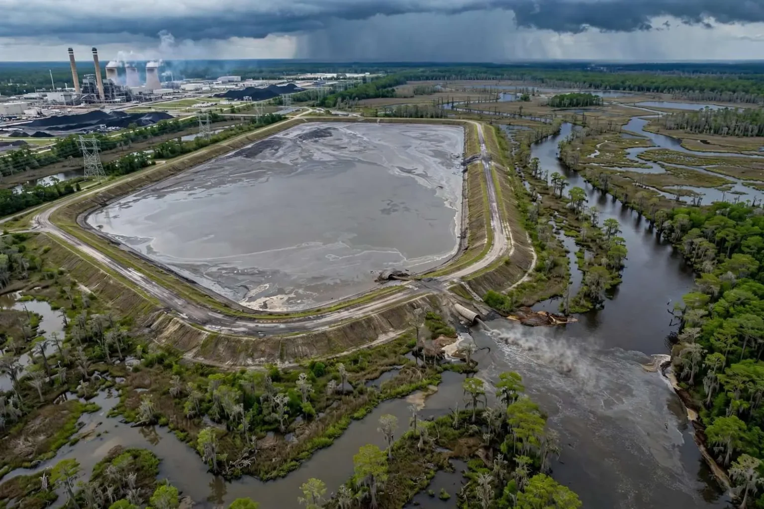 Illustration for the news story: Environmental Group Warns of Catastrophic Failure Risk at Plant Barry Coal Ash Pond
