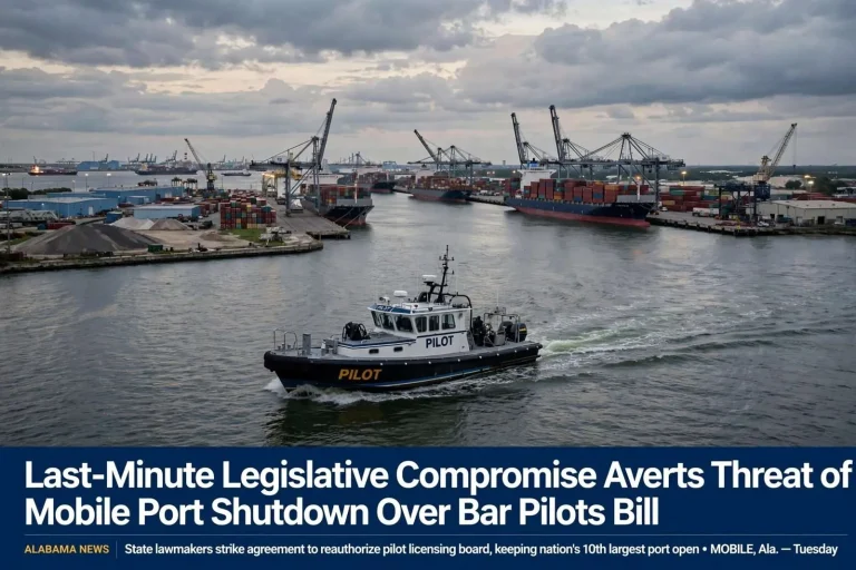 Illustration for the news story: Last-Minute Legislative Compromise Averts Threat of Mobile Port Shutdown Over Bar Pilots Bill