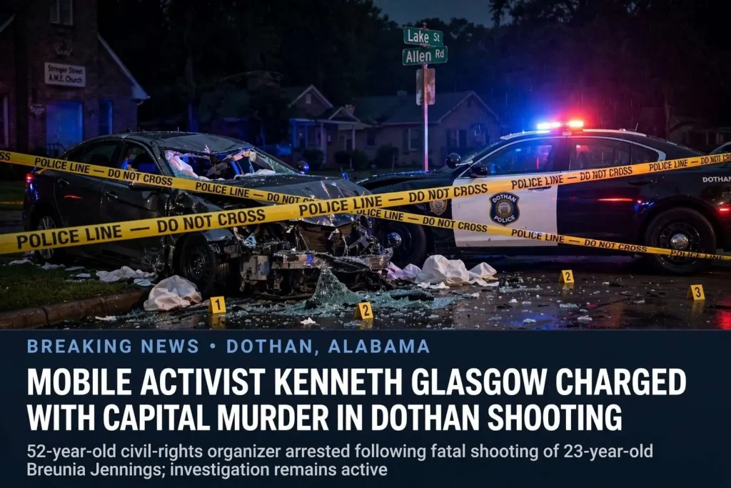 Illustration for the news story: Mobile Activist Kenneth Glasgow Charged With Capital Murder in Dothan Shooting