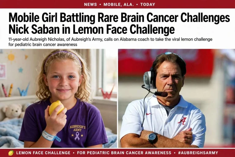 Illustration for the news story: Mobile girl battling rare brain cancer challenges Nick Saban in Lemon Face Challenge