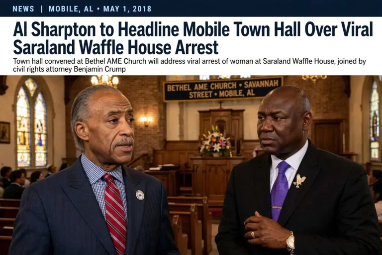 Illustration for the news story: Al Sharpton to Headline Mobile Town Hall Over Viral Saraland Waffle House Arrest