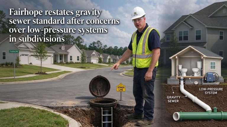 Illustration for the news story: Fairhope Restates Gravity Sewer Standard After Concerns Over Low-Pressure Systems in Subdivisions