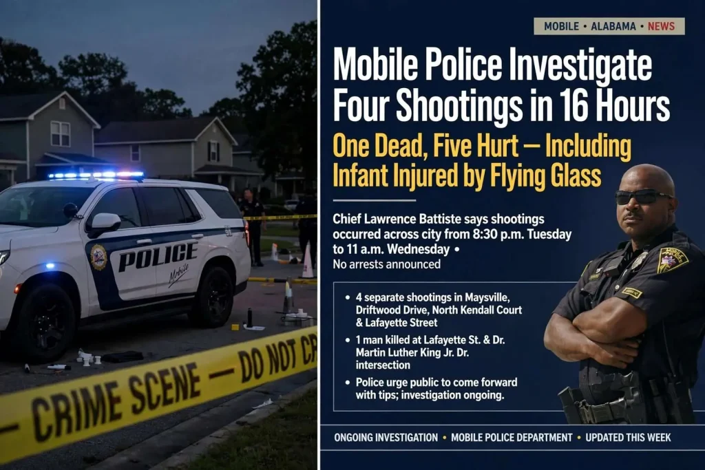 Illustration for the news story: Mobile Police Investigate Four Shootings in 16 Hours That Left One Dead, Five Hurt
