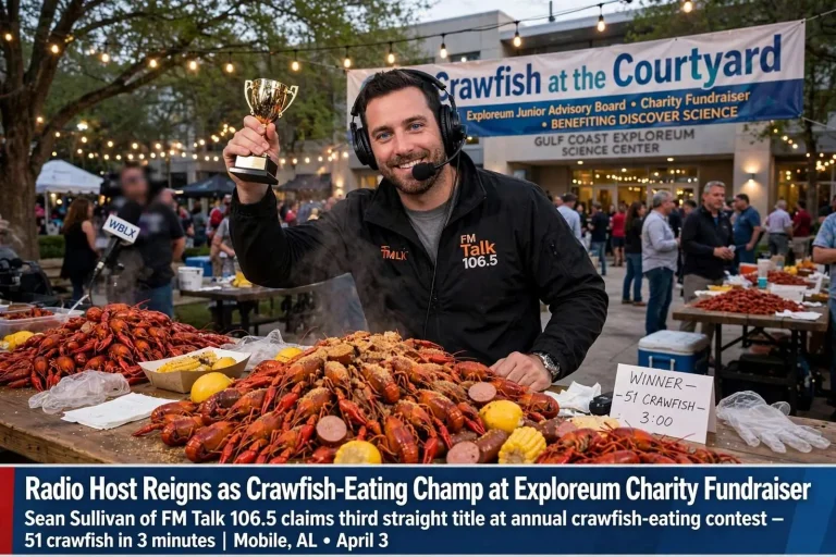 Illustration for the news story: Radio Host Reigns as Crawfish-Eating Champ at Exploreum Charity Fundraiser