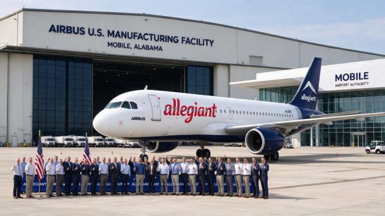 Illustration for the news story: Allegiant Air Takes Delivery of First Mobile-Built Airbus A320