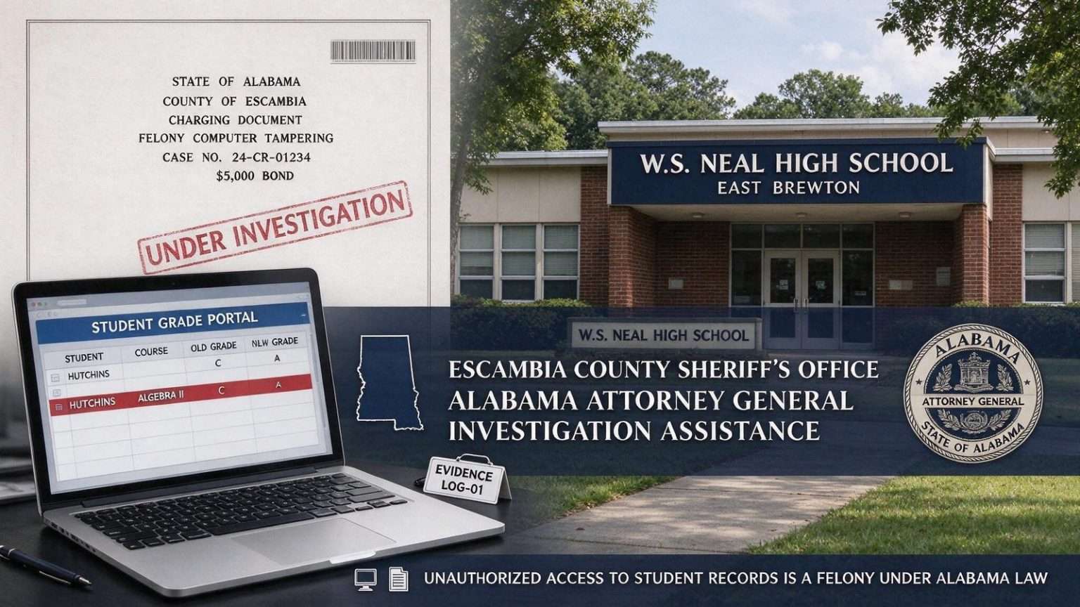 Illustration for the news story: Brewton teen charged with felony computer tampering in grade-changing scandal