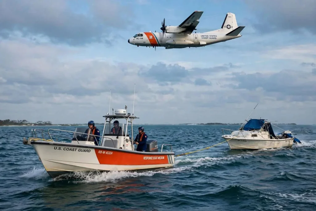 Illustration for the news story: Coast Guard Crews Tow Disabled Vessel to Dauphin Island After Offshore Breakdown