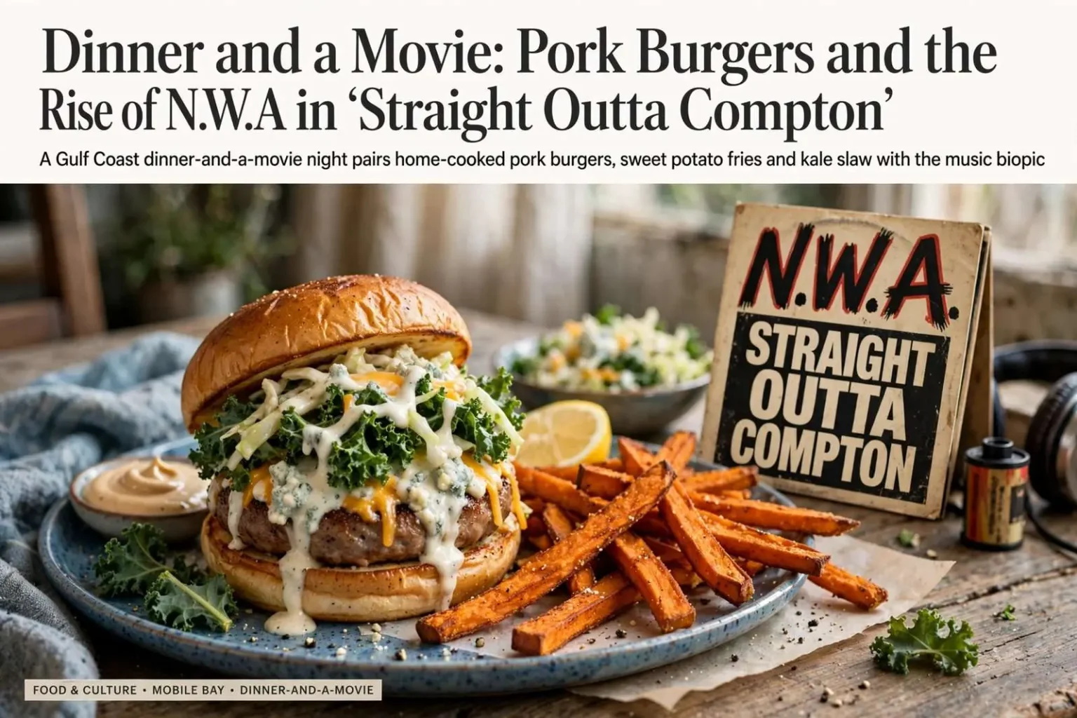 Illustration for the news story: Dinner and a Movie: Pork Burgers and the Rise of N.W.A in ‘Straight Outta Compton’