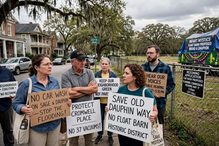 Illustration for the news story: Midtown Mobile Residents Push Back on Car Wash and Float Barn Rezoning Ahead of Planning Commission Vote