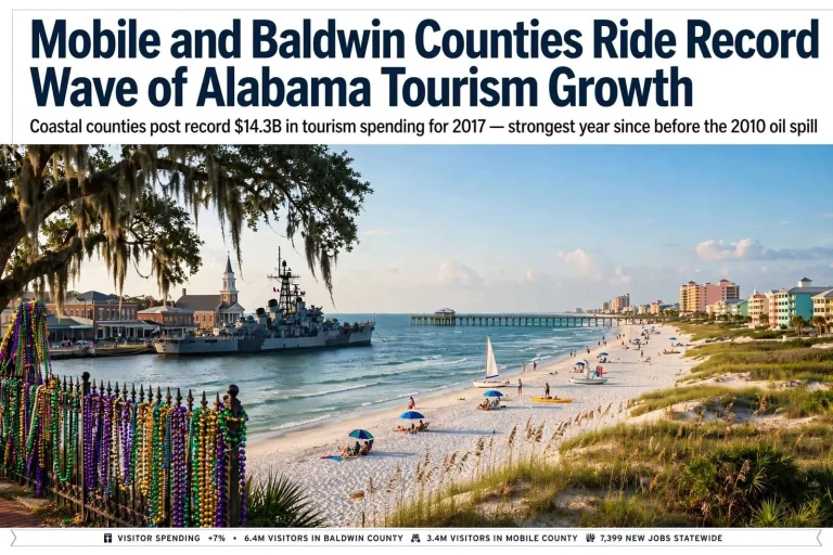Illustration for the news story: Mobile and Baldwin Counties Ride Record Wave of Alabama Tourism Growth