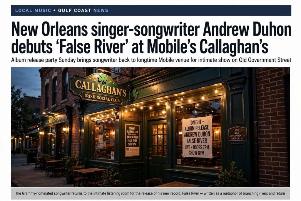 Illustration for the news story: New Orleans singer-songwriter Andrew Duhon debuts ‘False River’ at Mobile’s Callaghan’s
