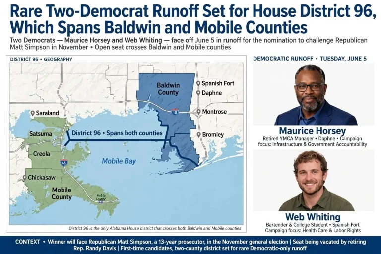 Illustration for the news story: Rare Two-Democrat Runoff Set for House District 96, Which Spans Baldwin and Mobile Counties