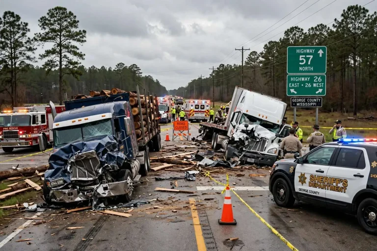 Illustration for the news story: Two 18-wheelers collide, close Highway 57 at Highway 26 in George County