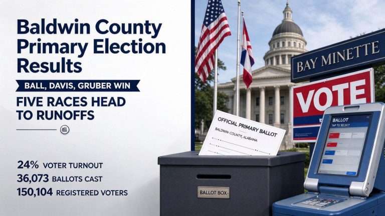 Illustration for the news story: Baldwin County Primary Election Results: Ball, Davis, Gruber Win; Five Races Head to Runoffs
