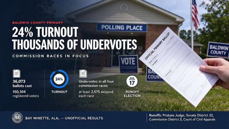 Illustration for the news story: Baldwin County Primary Sees 24 Percent Turnout and Thousands of Undervotes in Commission Races