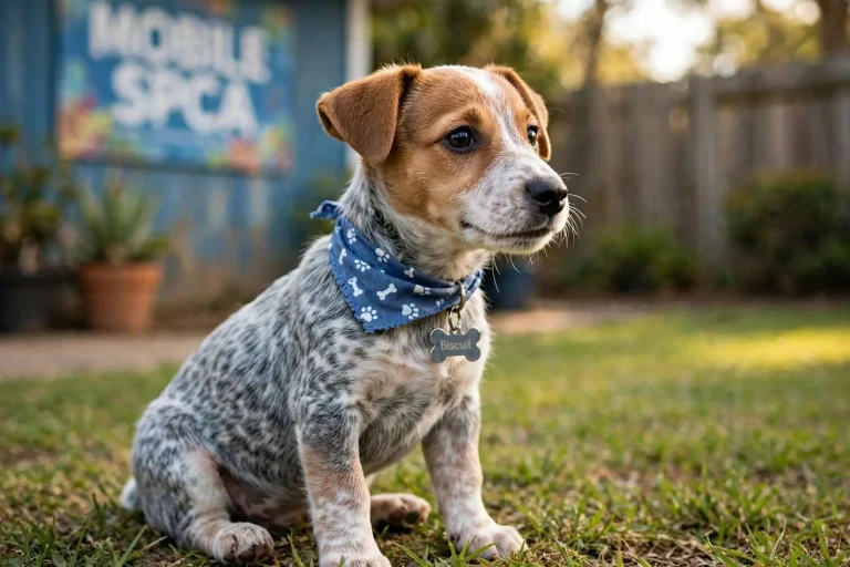 Illustration for the news story: Biscuit, the Mobile SPCA’s One-of-a-Kind Puppy, Finds a New Home