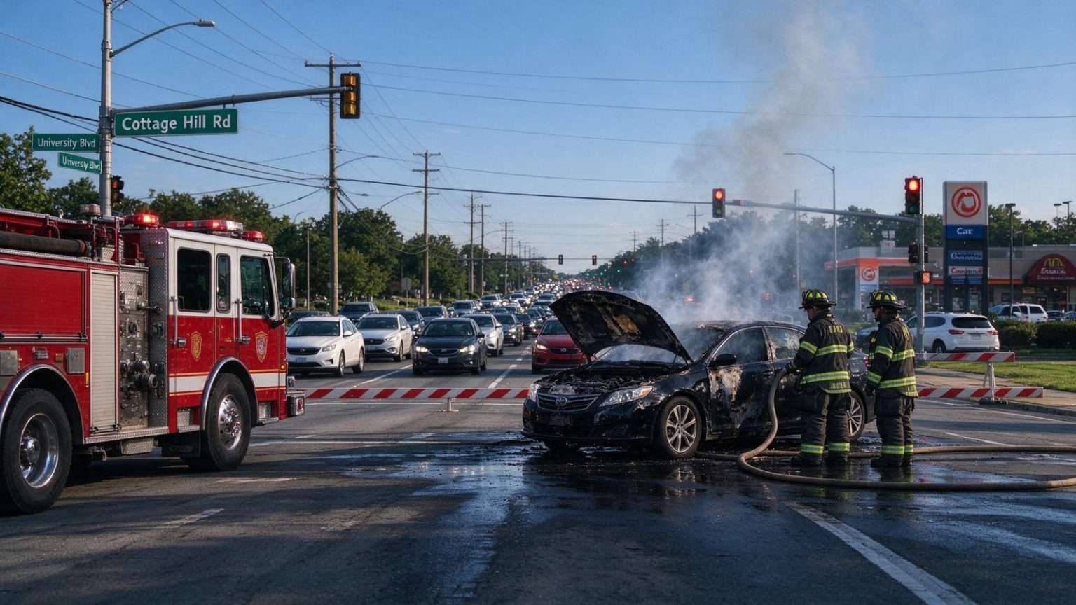 Illustration for the news story: Car Fire Backs Up Traffic at Busy West Mobile Intersection
