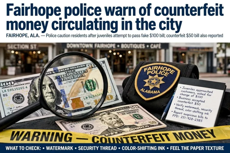 Illustration for the news story: Fairhope police warn of counterfeit money circulating in the city