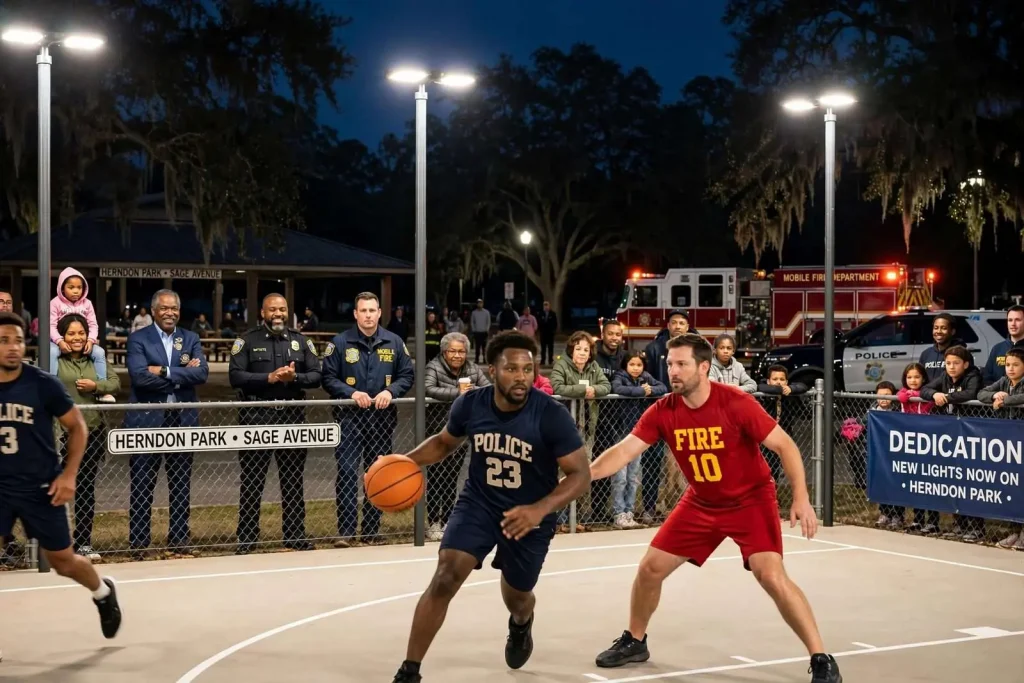 Illustration for the news story: New lights brighten Herndon Park as Mobile police and fire face off on the court