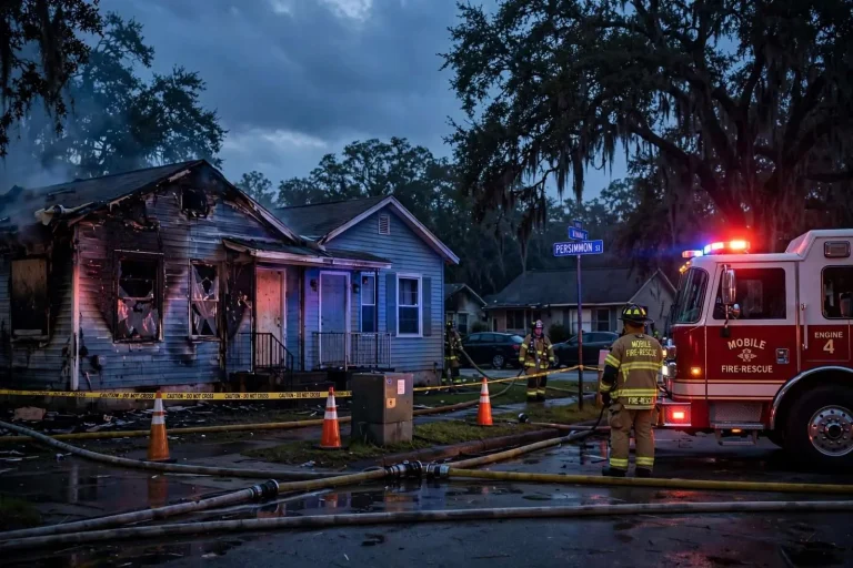 Illustration for the news story: No One Hurt as Early-Morning Fire Damages Mobile Duplex on Persimmon Street