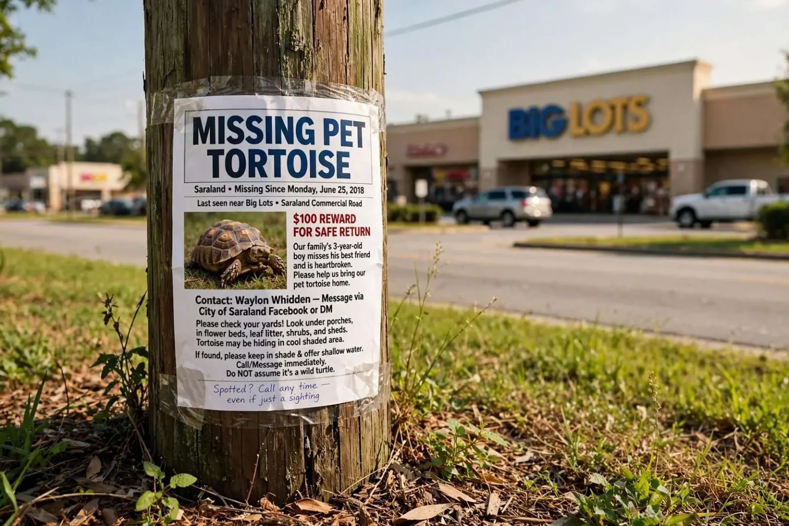 Illustration for the news story: Pet Tortoise Missing in Saraland: Family Asks Neighbors to Check Their Yards