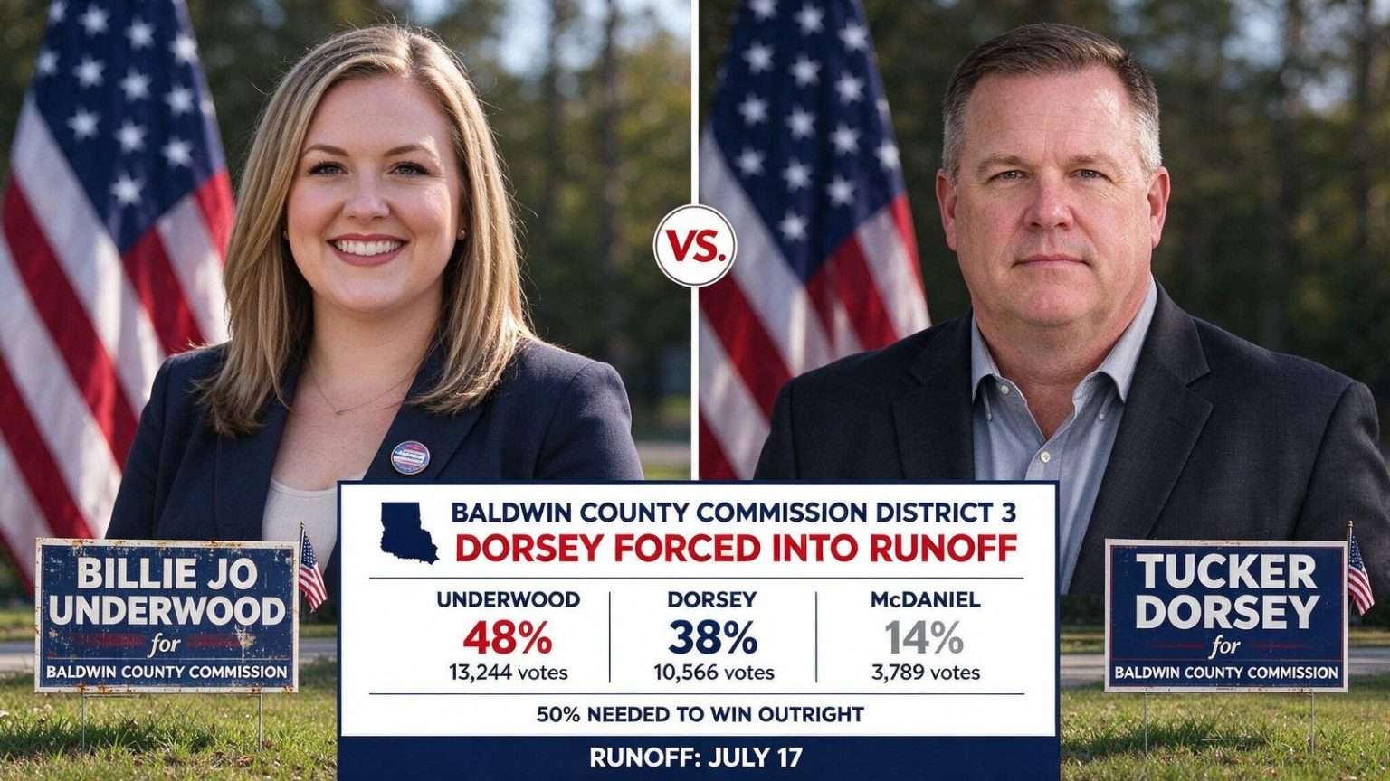 Illustration for the news story: Underwood Forces Incumbent Dorsey into Runoff for Baldwin County Commission Seat