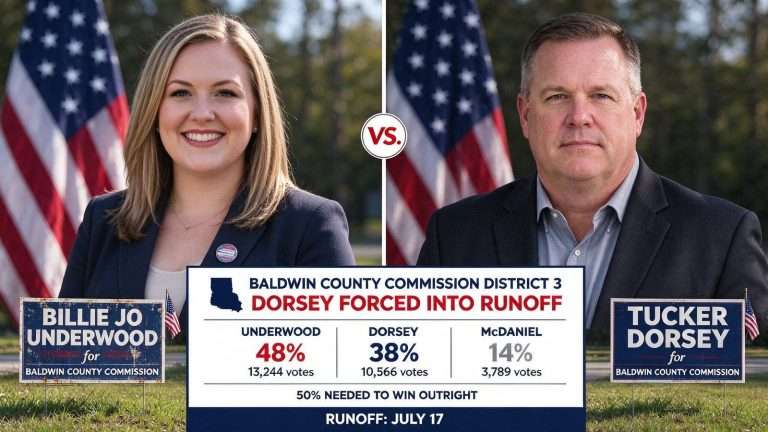 Illustration for the news story: Underwood Forces Incumbent Dorsey into Runoff for Baldwin County Commission Seat