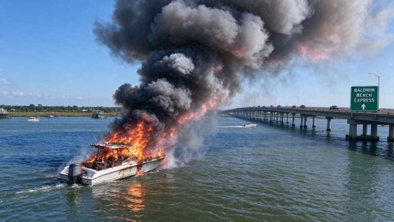 Illustration for the news story: Boat Catches Fire Near Baldwin Beach Express in Orange Beach