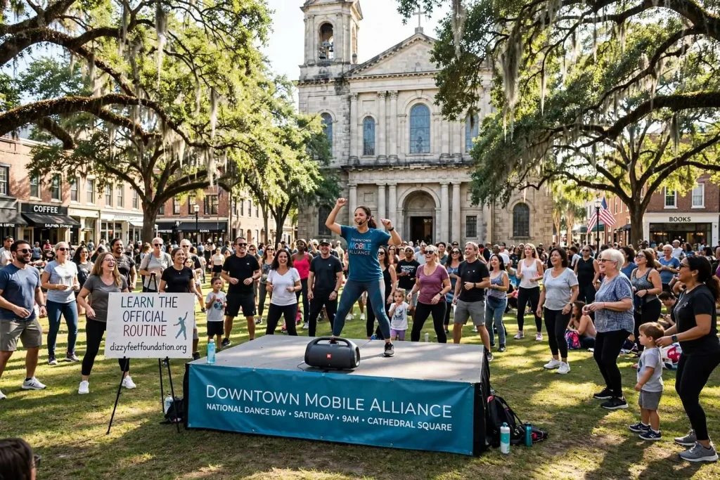 Illustration for the news story: Downtown Mobile Alliance Invites Everyone to Celebrate National Dance Day at Cathedral Square