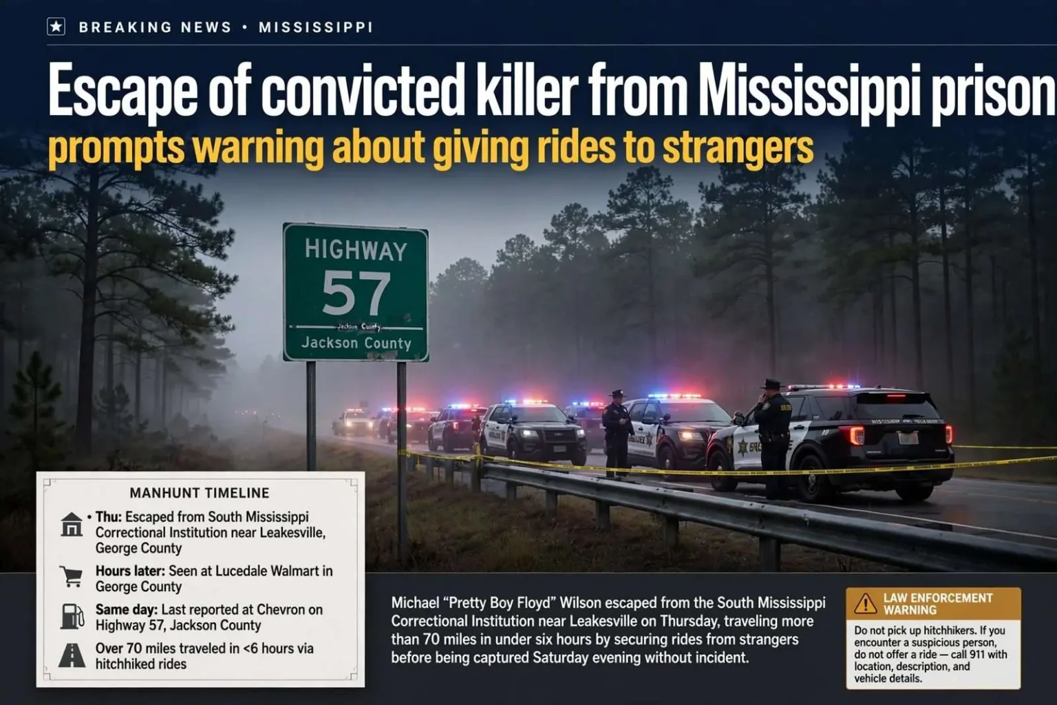 Illustration for the news story: Escape of convicted killer from Mississippi prison prompts warning about giving rides to strangers