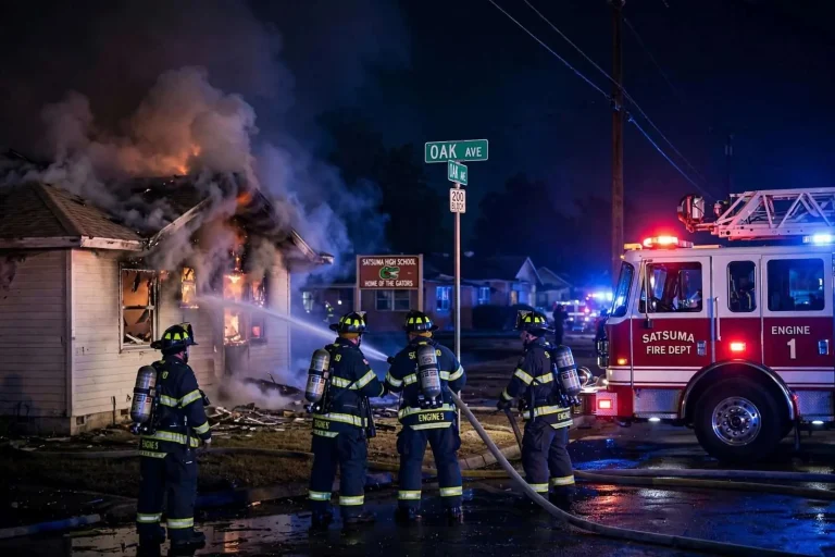 Illustration for the news story: Firefighters Respond to Early-Morning House Fire on Oak Avenue Near Satsuma High School
