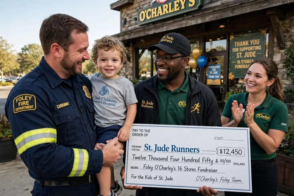 Illustration for the news story: Foley firefighter’s 2-year-old son is cancer-free as O’Charley’s employees aid St. Jude Runners