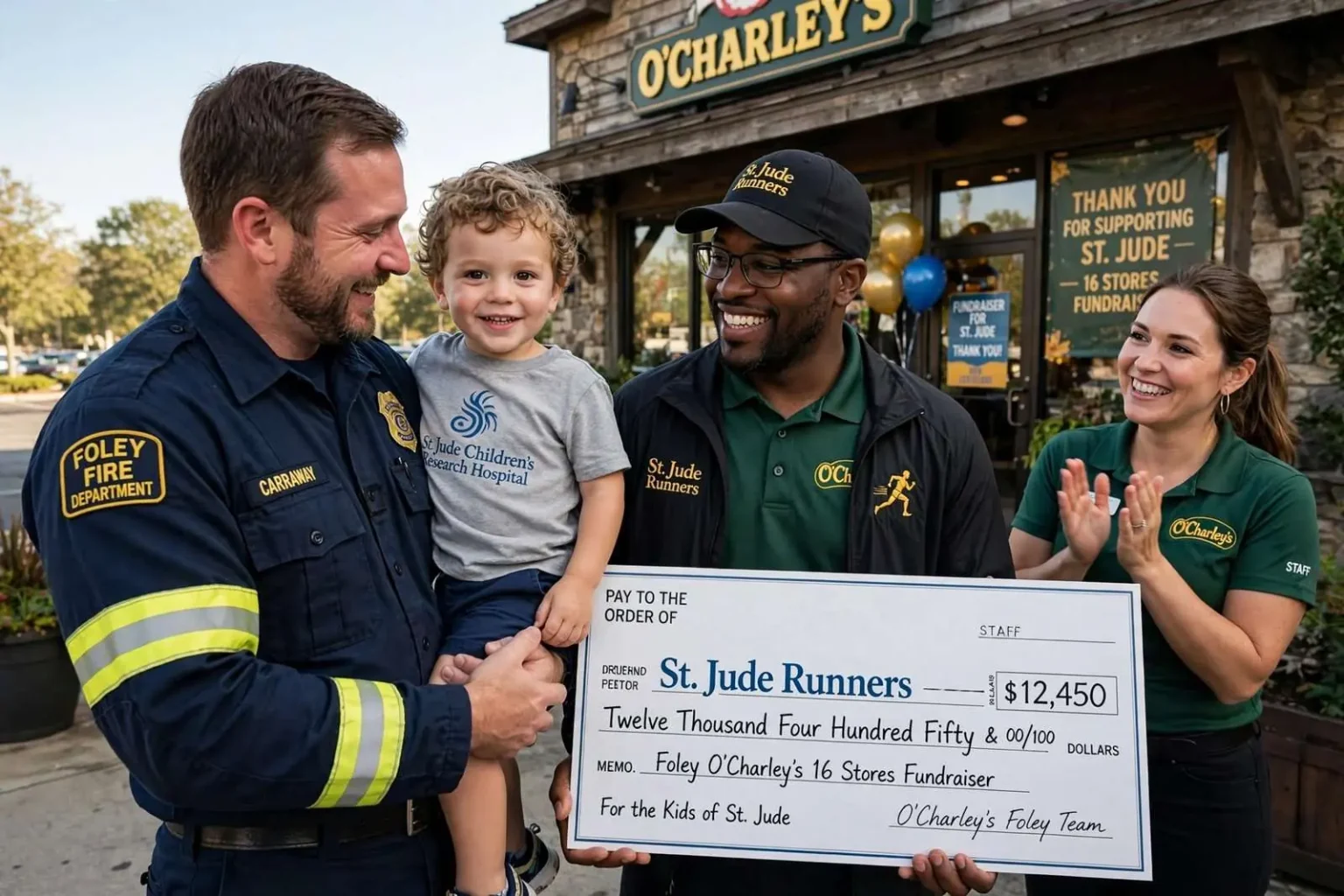 Illustration for the news story: Foley firefighter’s 2-year-old son is cancer-free as O’Charley’s employees aid St. Jude Runners