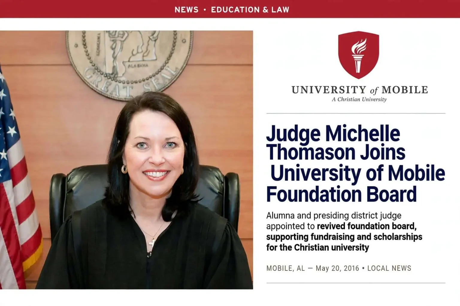 Illustration for the news story: Judge Michelle Thomason joins University of Mobile Foundation board