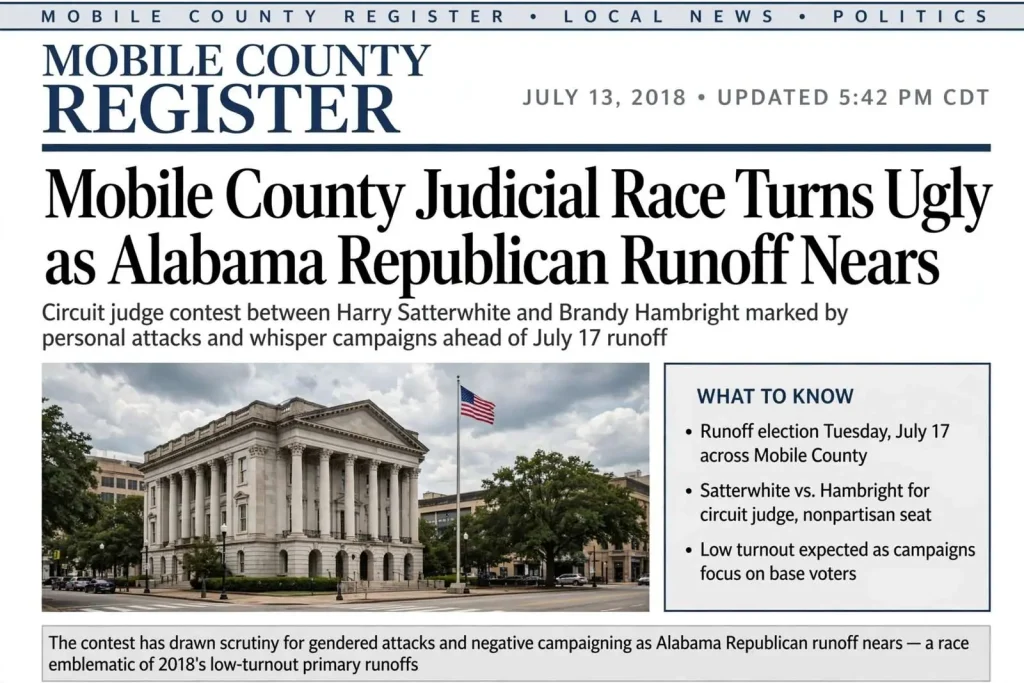 Illustration for the news story: Mobile County Judicial Race Turns Ugly as Alabama Republican Runoff Nears