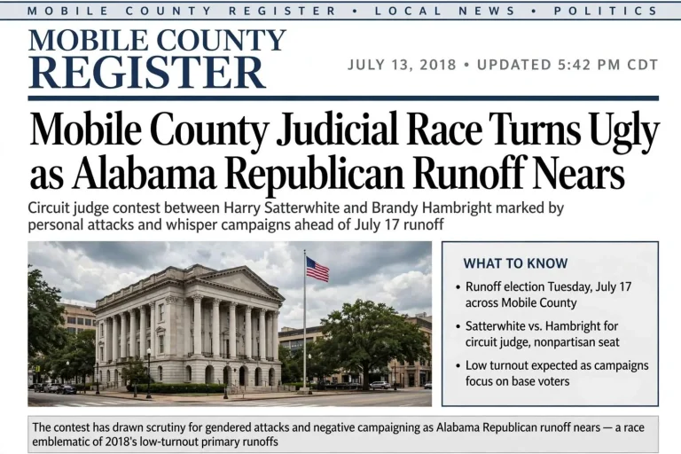 Illustration for the news story: Mobile County Judicial Race Turns Ugly as Alabama Republican Runoff Nears