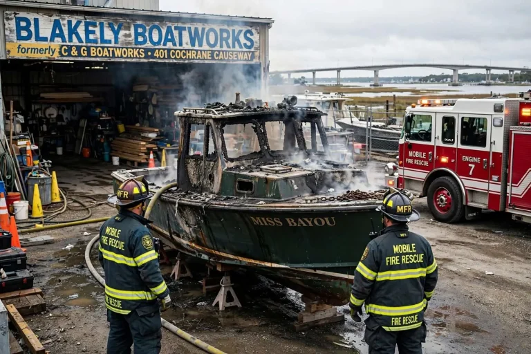 Illustration for the news story: Mobile Fire Rescue puts out fire on towboat at Cochrane Causeway boatworks