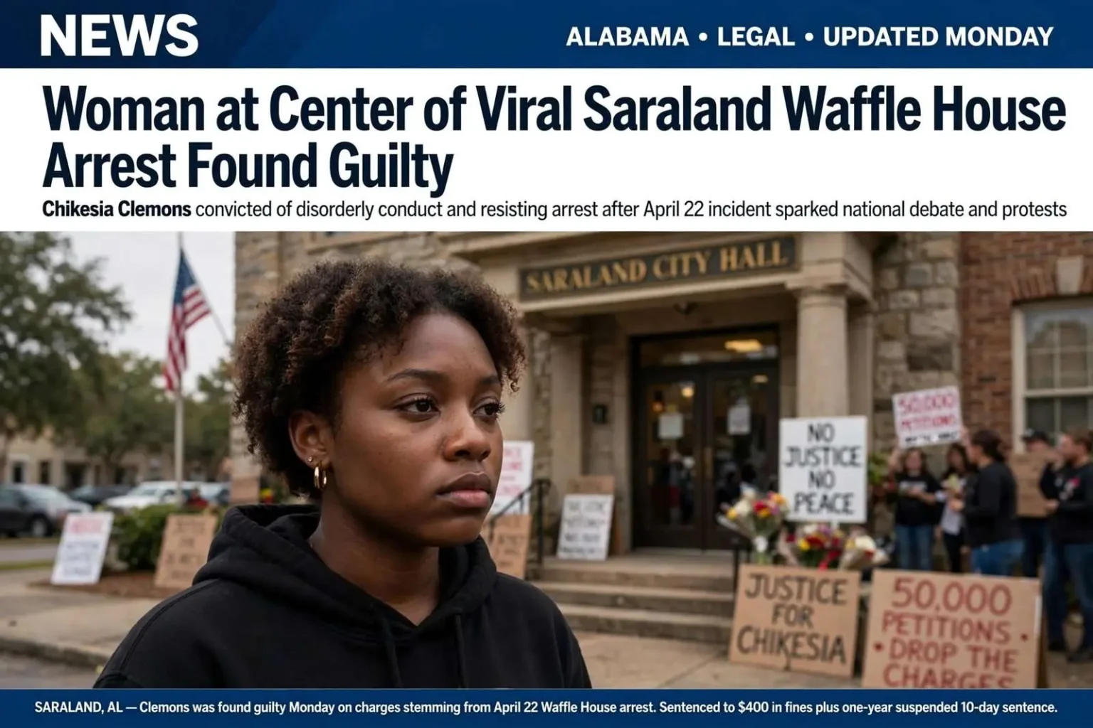 Illustration for the news story: Woman at Center of Viral Saraland Waffle House Arrest Found Guilty