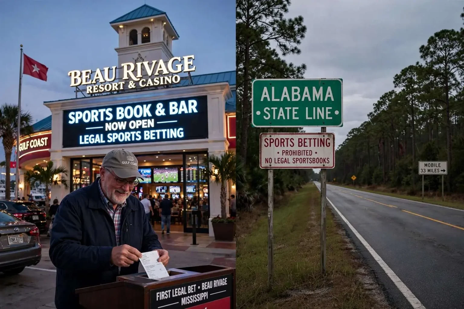 Illustration for the news story: As Mississippi Launches Sports Betting, Alabama Remains on the Sidelines