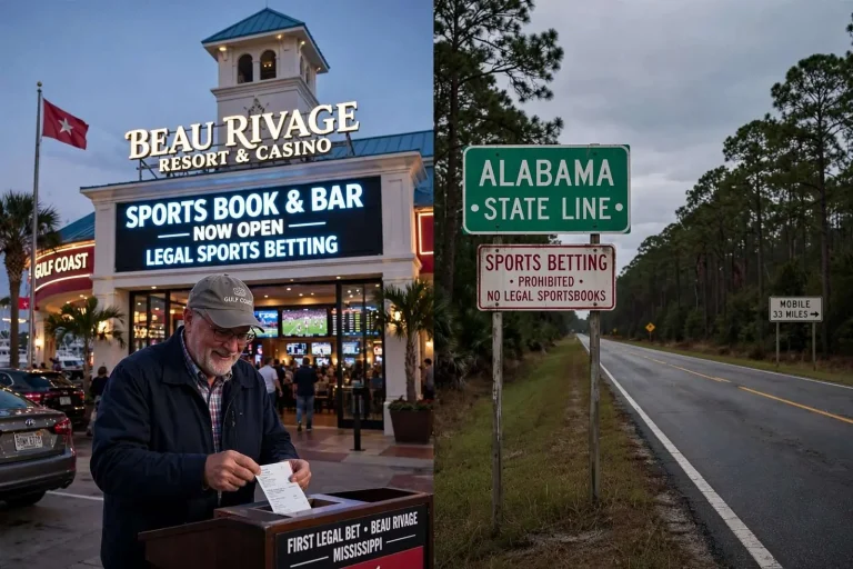 Illustration for the news story: As Mississippi Launches Sports Betting, Alabama Remains on the Sidelines