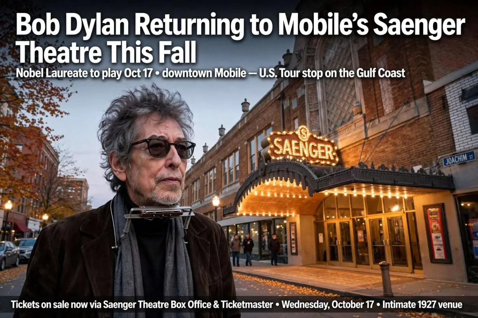 Illustration for the news story: Bob Dylan Returning to Mobile’s Saenger Theatre This Fall