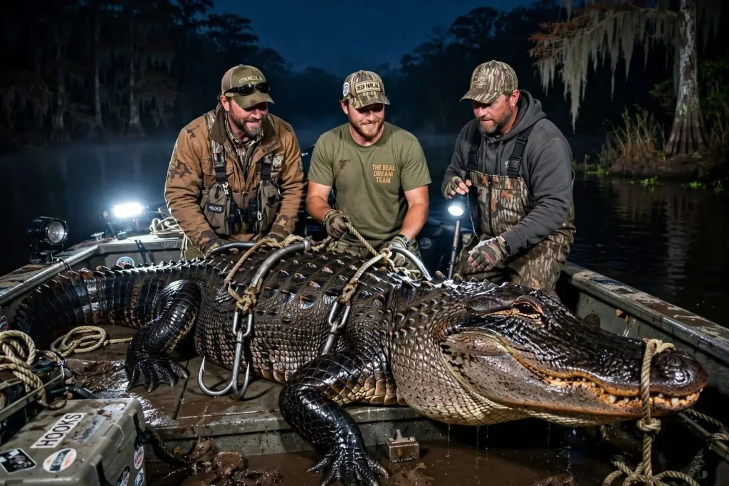 Illustration for the news story: Hunting Team Lands 537-Pound, 12-Foot Alligator on the Alabama River