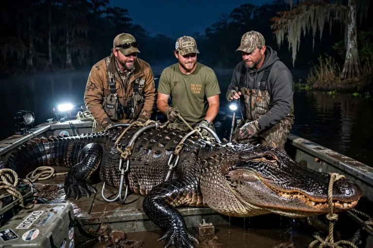 Illustration for the news story: Hunting Team Lands 537-Pound, 12-Foot Alligator on the Alabama River