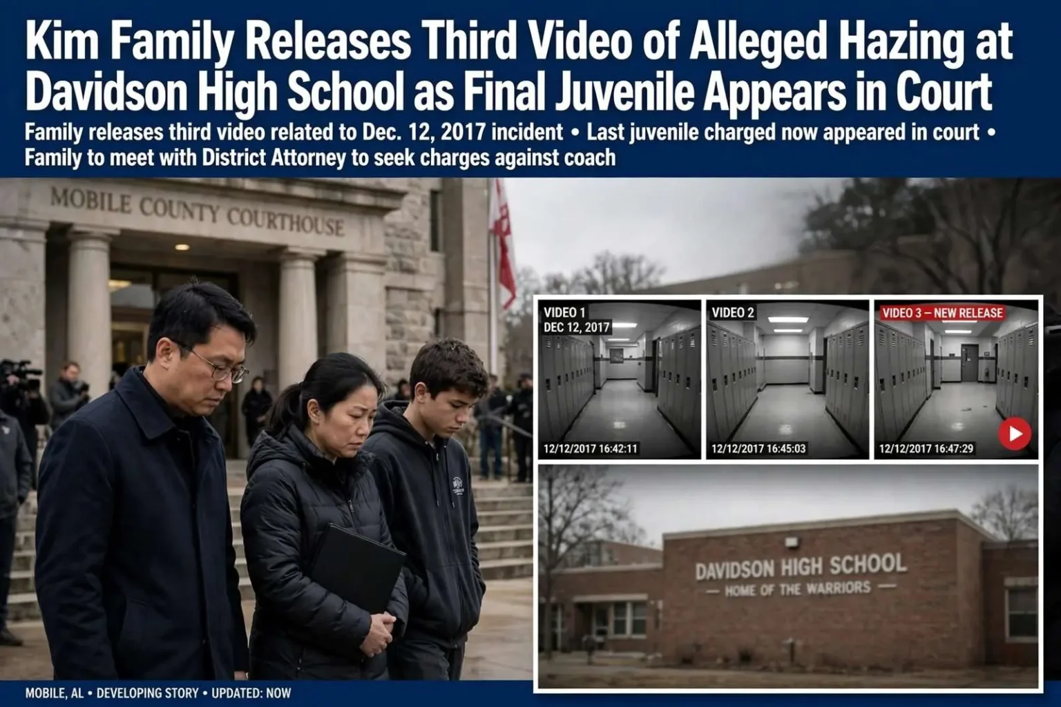 Illustration for the news story: Kim Family Releases Third Video of Alleged Hazing at Davidson High School as Final Juvenile Appears in Court