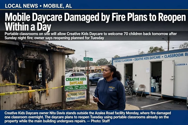 Illustration for the news story: Mobile Daycare Damaged by Fire Plans to Reopen Within a Day
