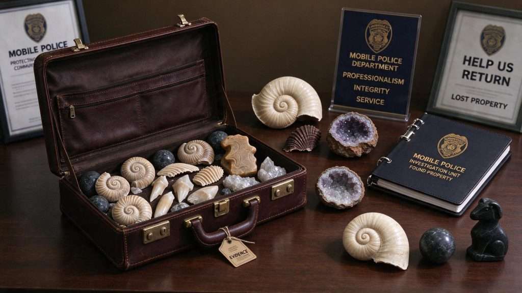 Illustration for the news story: Mobile Police search for owner of briefcase filled with fossils and geodes