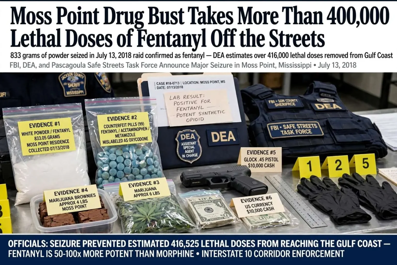 Illustration for the news story: Moss Point Drug Bust Takes More Than 400,000 Lethal Doses of Fentanyl Off the Streets